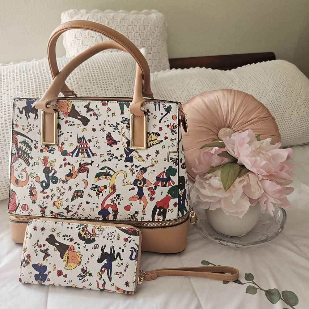 NWT Elegante Colorful White  Patterned with Prime Colors Handbag and Wallet Set